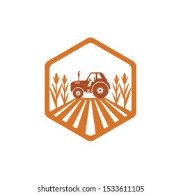 agriculture corn field farm industry vector logo design template with tractor in the land inside polygon