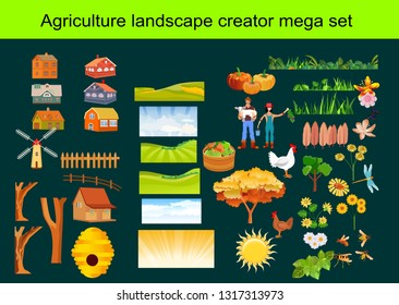 Agriculture countryside creator mega set, vector illustration