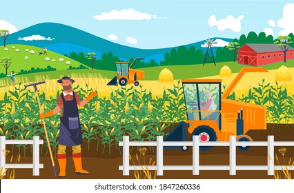 Agriculture crop farm field, vector illustration. Rural man farmer people at countryside nature agricultural harvest. Outdoor cartoon farmland plant, farming male working background.