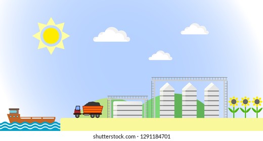 Agriculture with the cultivation of sunflower seeds, processing and storage on the elevator and delivery by truck to the ship.