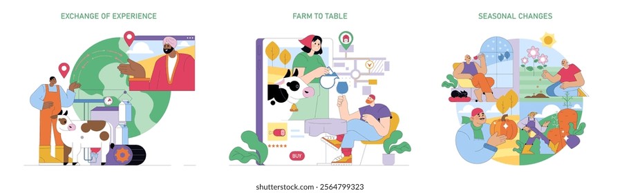 Agriculture Day set. Showcasing knowledge sharing, farm product commerce, and the impact of seasons on farming. Educating, trading, and adapting themes. Vector illustration.