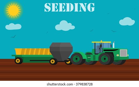 Agriculture design concept - seed planting process using a tractor and seeders. Vector illustration