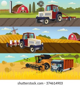 Agriculture design concept set with of the process of growing and harvesting crops,farm machines.