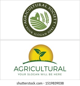 Agriculture design logo with farmhouse leaf sun and land grass vector suitable for community non profit association foundation nature