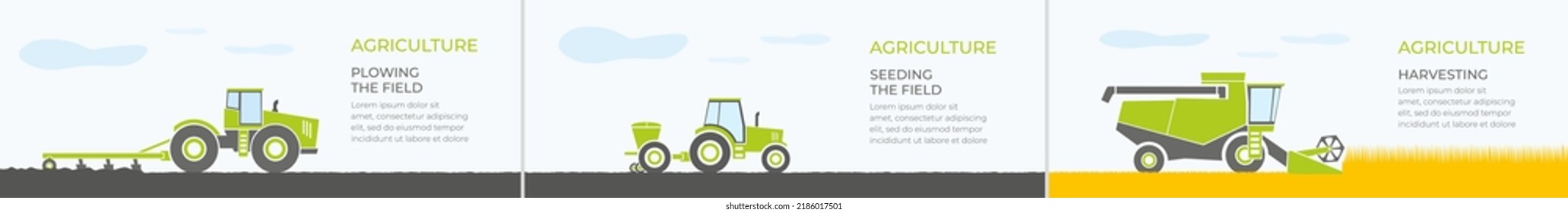 Agriculture. Different agricultural vehicles and machinery works on field.Harvester, tractor, seeder, plow. Banners set of agricultural  equipment tillaging farmland. Isolated flat vector illustration