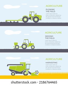 Agricultura. Diferentes vehículos agrícolas y maquinaria trabaja en campo.Cosechadora, Tractor, Silla, Olla. Banners Set de Equipo Agrícola Tillaging Farmland. Ilustración de vectores planos aislados