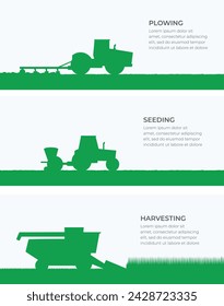Agriculture. Different agricultural vehicles and machinery works on field.Harvester, tractor, seeder, plow. Banners set of agricultural equipment tillaging farmland. Isolated flat vector illustration