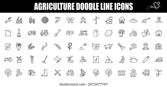 agriculture doodle black line icons. farmer icons.