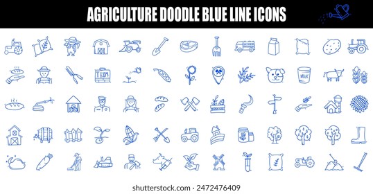 agriculture doodle blue line icons. farmer icons.