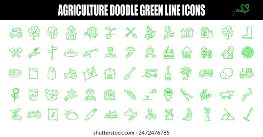 agriculture doodle green line icons. farmer icons.