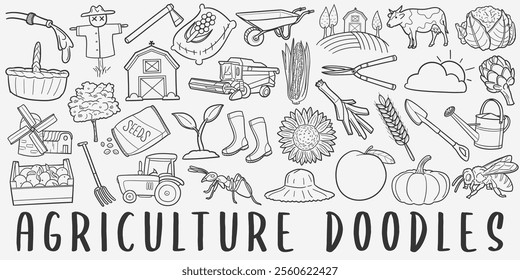 Agriculture Doodle Icons Black and White Line Art. Farm Clipart Hand Drawn Symbol Design.