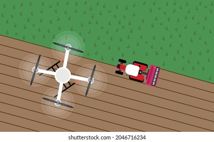 El dron agrícola sobrepasa el tractor, monitorización automatizada del crecimiento de los cultivos, optimización de las operaciones, aumento de la producción de cultivos. Ilustración de vectores agrícolas sostenibles en explotaciones agrícolas inteligentes