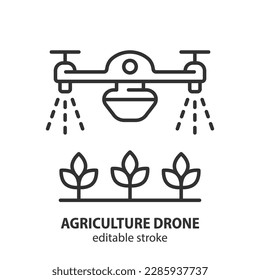 Agriculture drone line icon. Farming robotics spraying fertilizer on harvest vector symbol. Plant growth monitoring outline illustration. Smart farm sign. Editable stroke.