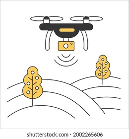 Agriculture drone provide field mapping.  Smart farming. Icon for web. Vector line illustration isolated on white background.