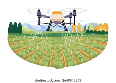 Drone agrícola pulverizando linhas de repolho com água, pesticidas ou fertilizantes em um fundo de montanha e belo céu, o conceito de agricultura moderna no design de ilustração de estilo plano