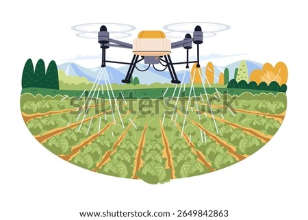 Agriculture drone spraying rows of cabbage with water, pesticides or fertilizers on a background of mountain and beautiful sky, the concept of modern agriculture in flat style illustration design