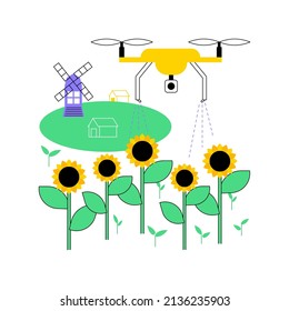 Agriculture drone use abstract concept vector illustration. Agriculture precision farming, first responder, analysis, crops spraying, drone surveillance, irrigation monitoring abstract metaphor.