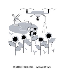 Agriculture drone use abstract concept vector illustration. Agriculture precision farming, first responder, analysis, crops spraying, drone surveillance, irrigation monitoring abstract metaphor.