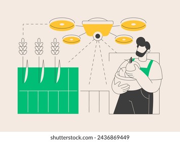 Agriculture drone use abstract concept vector illustration. Agriculture precision farming, first responder, analysis, crops spraying, drone surveillance, irrigation monitoring abstract metaphor.