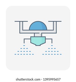 Agriculture drone vector icon. Sprayer vehicle technology for professional 4.0 farmer to spray toxic chemical to crop, plant i.e. fertilizer, pesticide, herbicide, insecticide in smart farm, farmland.
