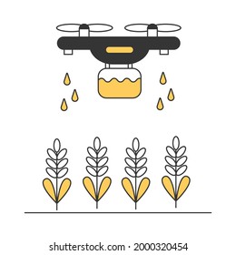 Los drones agrícolas regan las plantas. Tecnología de riego por drones. Agricultura inteligente. Icono para web. Ilustración de la línea del vector aislada en el fondo blanco.