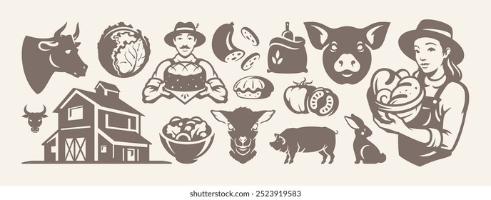 Agricultura eco produção alimentar agricultor colheita ícone retro conjunto vetor ilustração plana. Panificação de carne e legumes orgânicos cultivados em fazendas de produtos naturais pecuária rancho salsicha touro cordeiro farinha