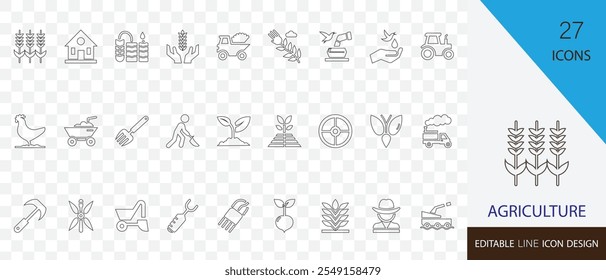 Agriculture editable line icon set. containing agronomy, agriculture, equipment, agriculture,  farm machinery, sunflower, chicken, plants and more stroke design