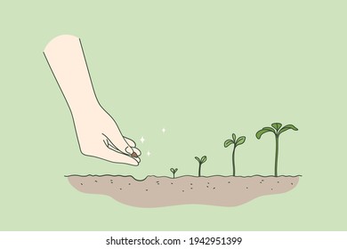 Agricultura, medio ambiente, nuevo concepto de vida. Secuencia de germinación de semilla de plantación de mano humana que comienza nueva vida a partir de la ilustración del vector de fondo verde 