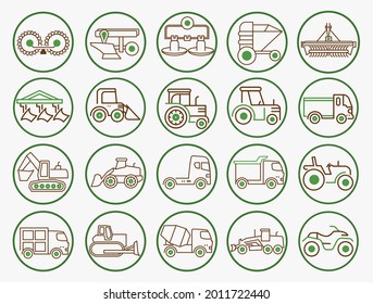 Agriculture equipment machinery icon 
set. Industrial machinery symbols. Attachments for tractors. 