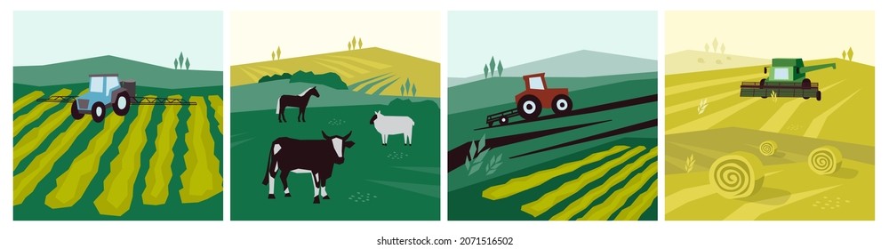 Agriculture, farm animals, tractor, combine harvester, livestock illustration. Farming field, cultivated land, hayfield. Vector set of agricultural industry banners. Irrigating, plowing, harvest scene