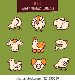 Agriculture Farm Animals Vector Icon Set Turkey, Rabbit, Chicken, Hen, Eggs, Fish, Pig, Duck, Quail, Cow.