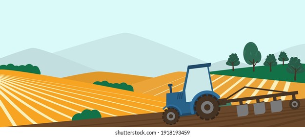 Agriculture farm banner. Tractor cultivating field during spring, vector illustration. Combine harvester concept, watering farming tractor machinery. Rural agricultural landscape. Farmer work season.