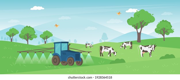 Pancarta agrícola. Campo de cultivo de tractores en la ilustración vectorial de primavera. Combine el concepto de cosechadora, regando maquinaria de tractores. Paisaje agrícola rural. Temporada de trabajo de los agricultores.