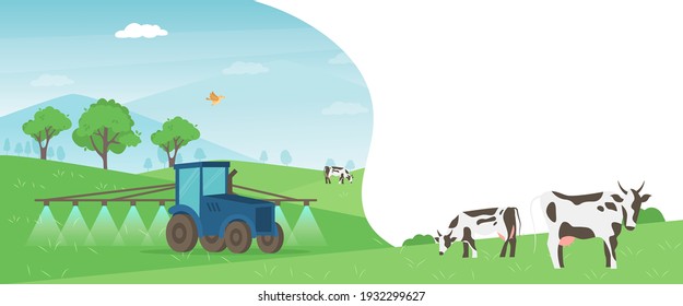Agriculture farm banner. Tractor cultivating field at spring vector illustration. Combine harvester concept, watering farming tractor machinery. Rural agricultural landscape. Farmer work season.