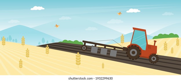 Agriculture farm banner. Tractor cultivating field at spring vector illustration. Combine harvester concept, watering farming tractor machinery. Rural agricultural landscape. Farmer work season.