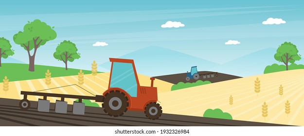 Agriculture farm banner. Tractor cultivating field at spring vector illustration. Combine harvester concept, watering farming tractor machinery. Rural agricultural landscape. Farmer work season.
