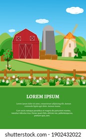 Agriculture, farm, barn, mill. Vector landscape illustration. Place for text
