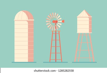 Agriculture. Farm building. Drinking water tower. Windmill waterpump and silo srorage barn for corn and harvest. Flat vectpr illustration