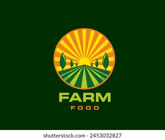 Agriculture farm field icon, rural landscape with sun rays shining above lush green meadow. Isolated vector round badge or tag for organic, healthy natural products. Ripe crop and harvest on ranch