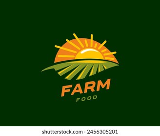 Icono de campo agrícola con paisaje rural para alimentos orgánicos, emblema de Vector. Sol sobre el signo de campo verde para el mercado agrícola, paquete de alimentos naturales o bio tierras de cultivo y agricultura agraria