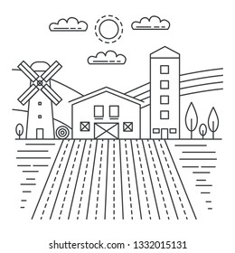 Agriculture farm with fields thin line concept logo template vector illustration.