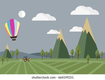 Agriculture and Farm  flat style,  Rural landscape,  Tractor in the field with Balloon, vector illustration.