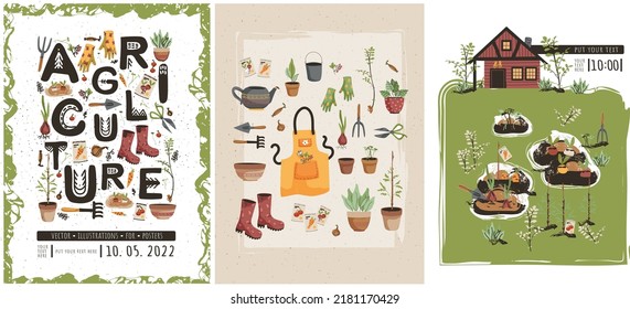 Agricultura y granja, afiches de jardinería. Ilustración vectorial para el diseño de afiches