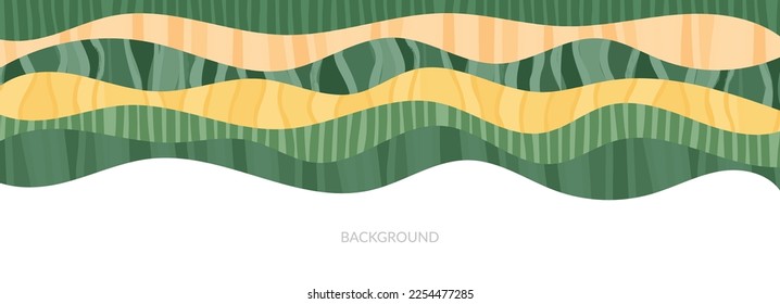 Agriculture farm green banner. Organic abstract field background. Wavy green lines, advertising backdrop, web header. Ecology wallpaper. Striped textured pattern. Panoramic meadow view, abstract hill