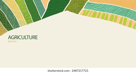 Agriculture farm green banner. Organic abstract field background. Wavy green lines, advertising backdrop, web header. Ecology wallpaper. Striped textured pattern. Panoramic meadow view, abstract hill