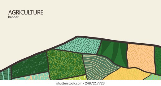 Agriculture farm green banner. Organic abstract field background. Wavy green lines, advertising backdrop, web header. Ecology wallpaper. Striped textured pattern. Panoramic meadow view, abstract hill