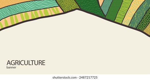 Agriculture farm green banner. Organic abstract field background. Wavy green lines, advertising backdrop, web header. Ecology wallpaper. Striped textured pattern. Panoramic meadow view, abstract hill