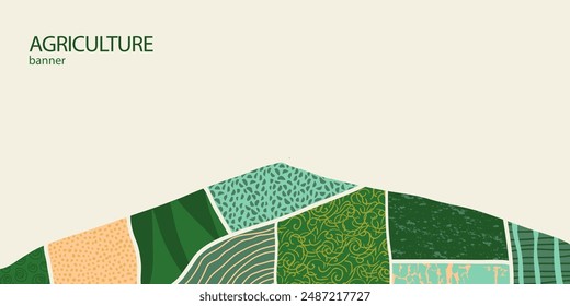 Agriculture farm green banner. Organic abstract field background. Wavy green lines, advertising backdrop, web header. Ecology wallpaper. Striped textured pattern. Panoramic meadow view, abstract hill