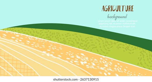 Agriculture farm green banner. Organic abstract field background, backdrop, web header.  Horizontal panorama template. Hand drawn vector art.