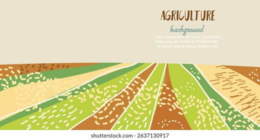 Agriculture farm green banner. Organic abstract field background, backdrop, web header. Ecology wallpaper. Hand drawn vector art.